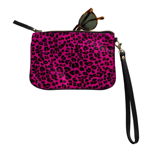 Huntley Equestrian Hair on Hide Leather Wristlet Clutch Wallet Purse, Pink Leopard - Huntley Equestrian