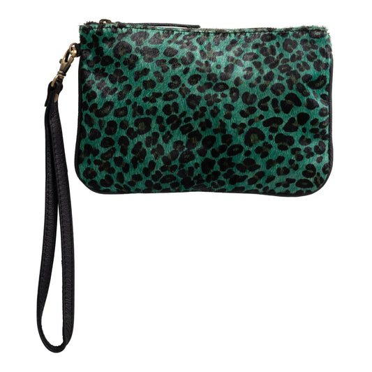 Huntley Equestrian Hair on Hide Leather Wristlet Clutch Wallet Purse, Turquoise Leopard - Huntley Equestrian