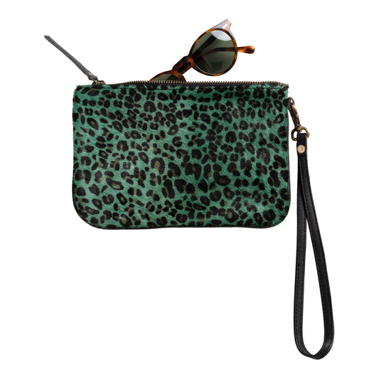 Huntley Equestrian Hair on Hide Leather Wristlet Clutch Wallet Purse, Turquoise Leopard - Huntley Equestrian