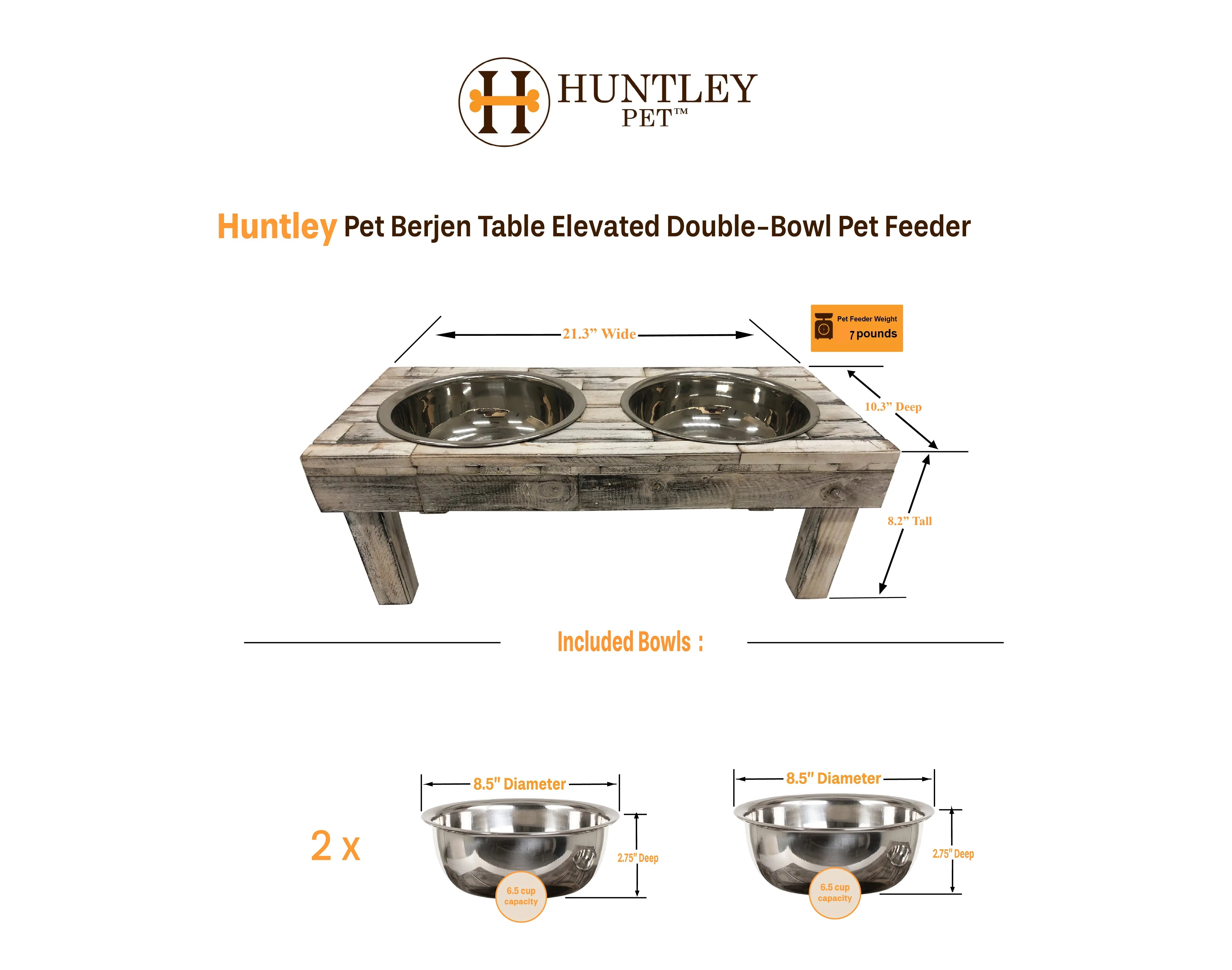 Huntley Pet Berjen Table Elevated Double Bowl Pet Feeder, White Wash - Huntley Equestrian