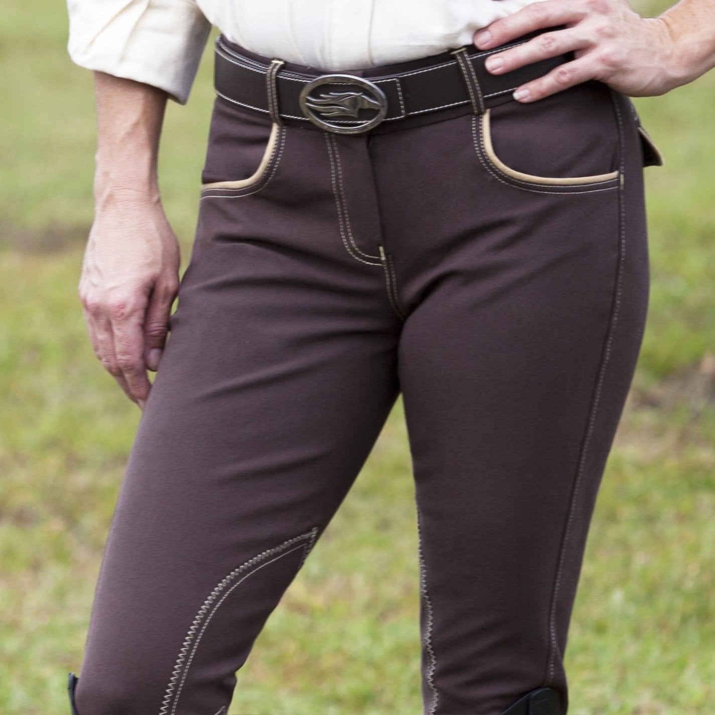 Huntley Equestrian Brown Riding Pant With Tan Welt Pockets