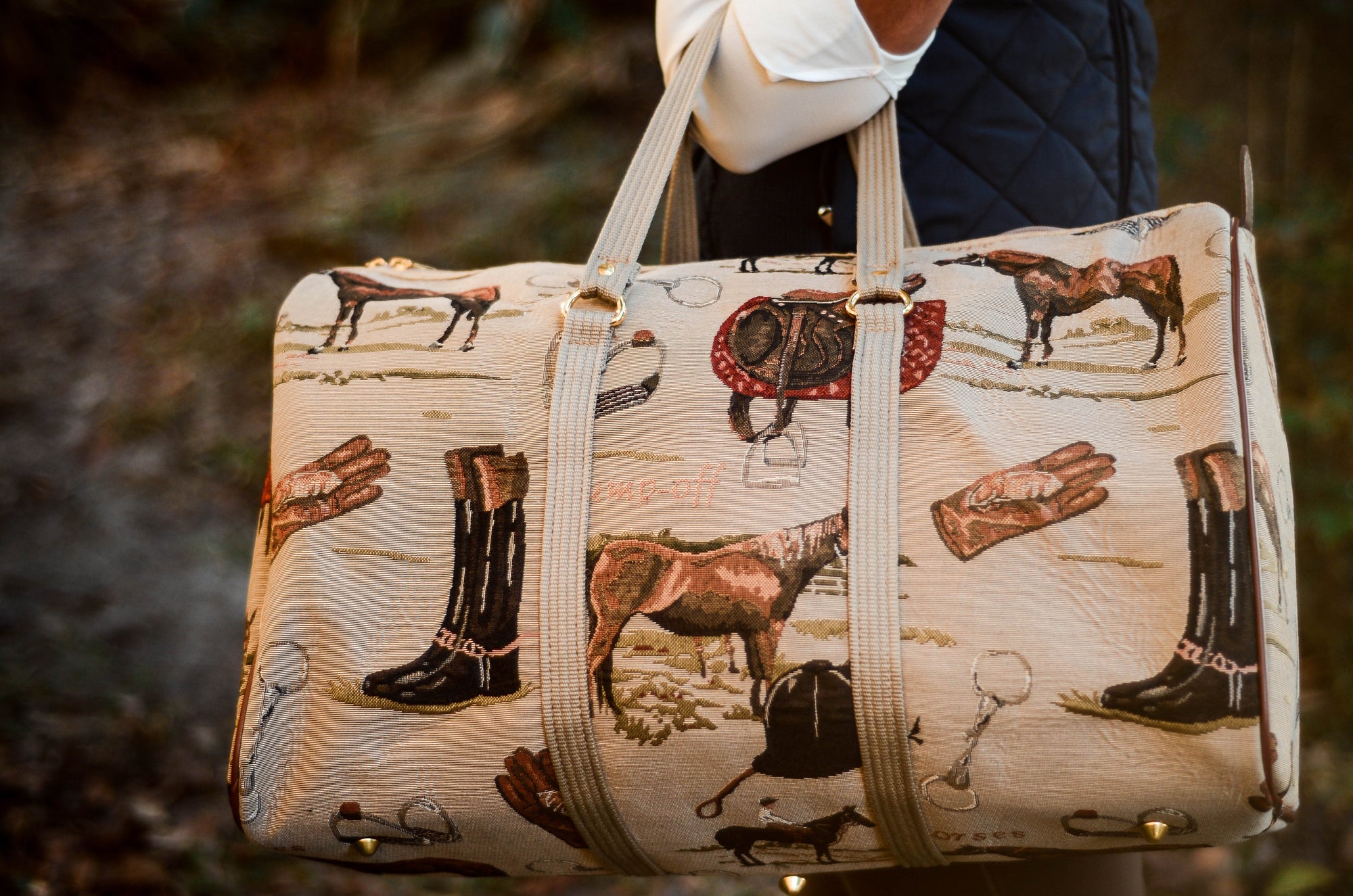 Horse Design Leather Trim Canvas Tote Bag